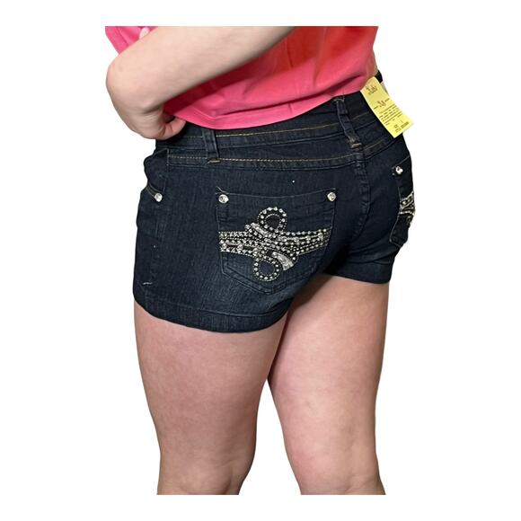 NEW Kaba JEAN SHORTS SZ 7 Dark Blue Denim Stone Stud Bedazzled Double Lasso NWT - Picture 2 of 12